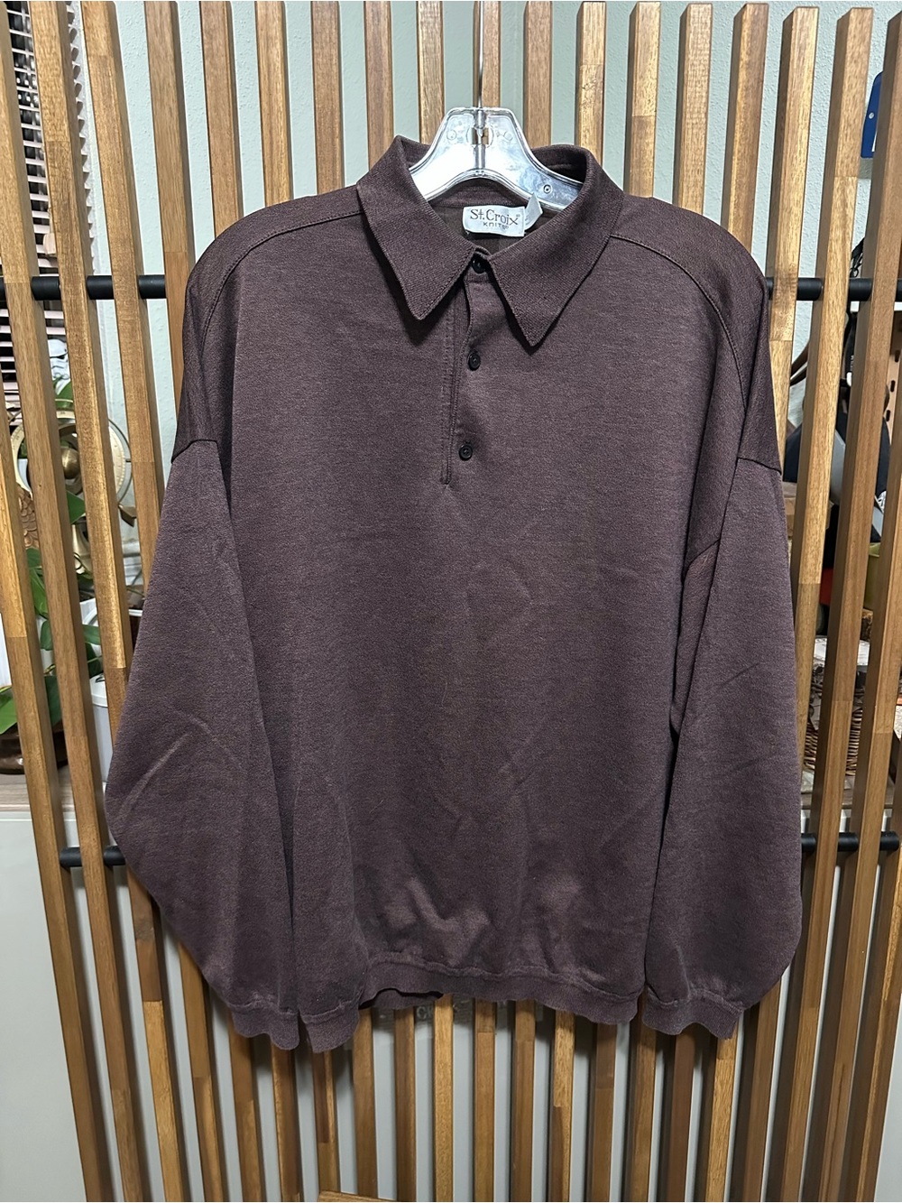 St. Croix Knits Men's Long Sleeve Polo Sweater Large Brown Cotton Blend Vintage